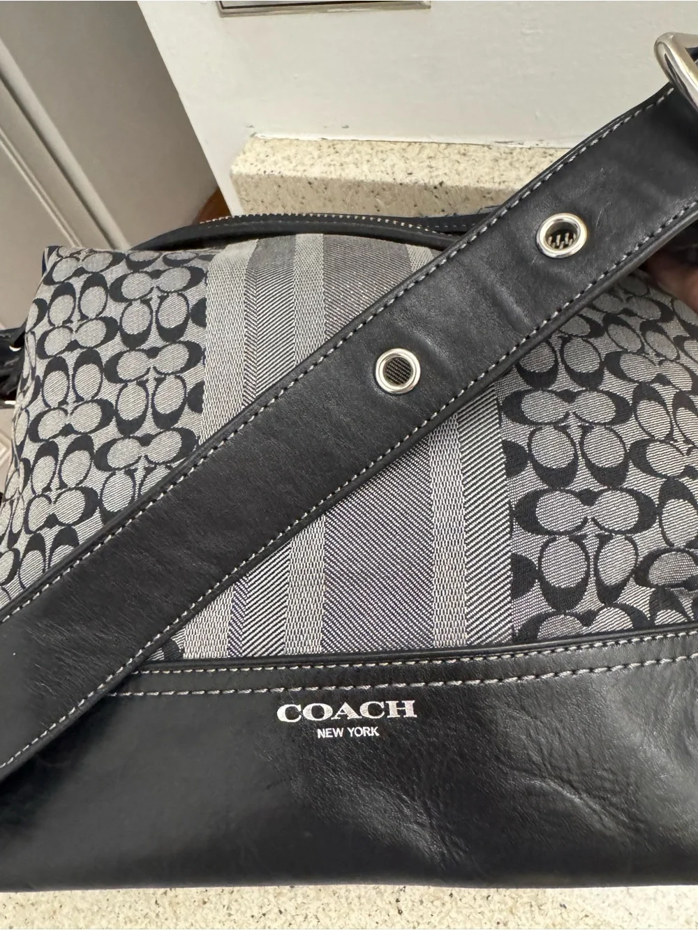 Coach Black and Gray Signature Canvas Hobo Bag